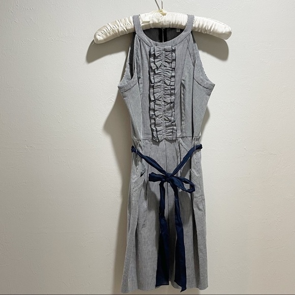 SEAMLINE CYNTHIA STEFFE Women’s Blue Stripe Ruffle Front Belted Dress Size 6 - Picture 1 of 7